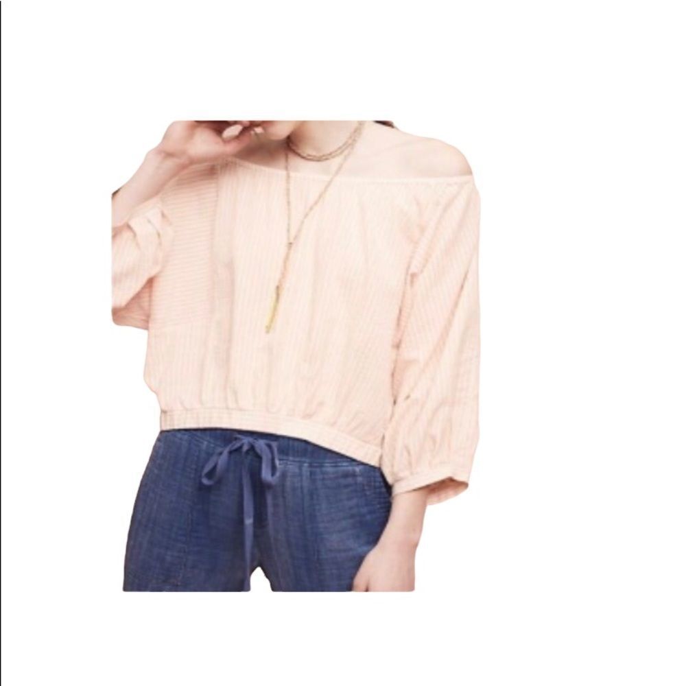 ANTHROPOLOGIE Holding Horses Peach White Pinstripe Balloon Sleeve Crop Top Sz L